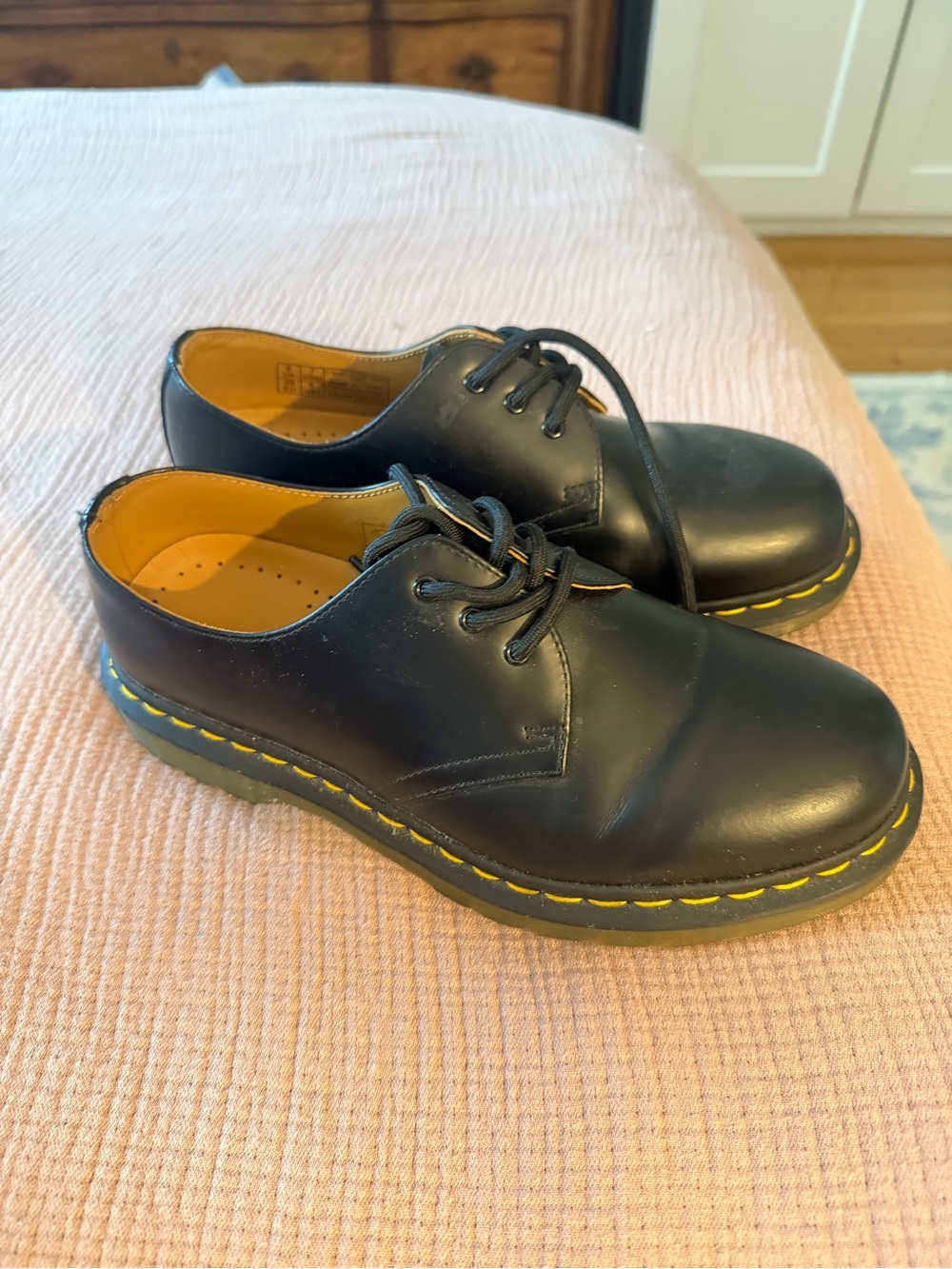 Doc martens women's Black Leather Lace-Up Oxfords with Yellow Stitch Detail